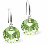Austrian Crystal Multi Faceted Round Drop Earrings in Peridot Green. Birthstone: August