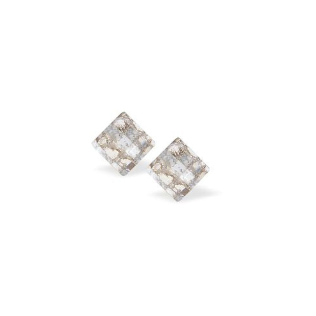 Austrian  Crystal Square Chessboard Stud Earrings in Silver Patina with Sterling Silver Earwires