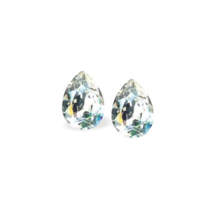 Austrian Crystal Pear Shape Stud Earrings in Aurora Borealis with Sterling Silver Earwires