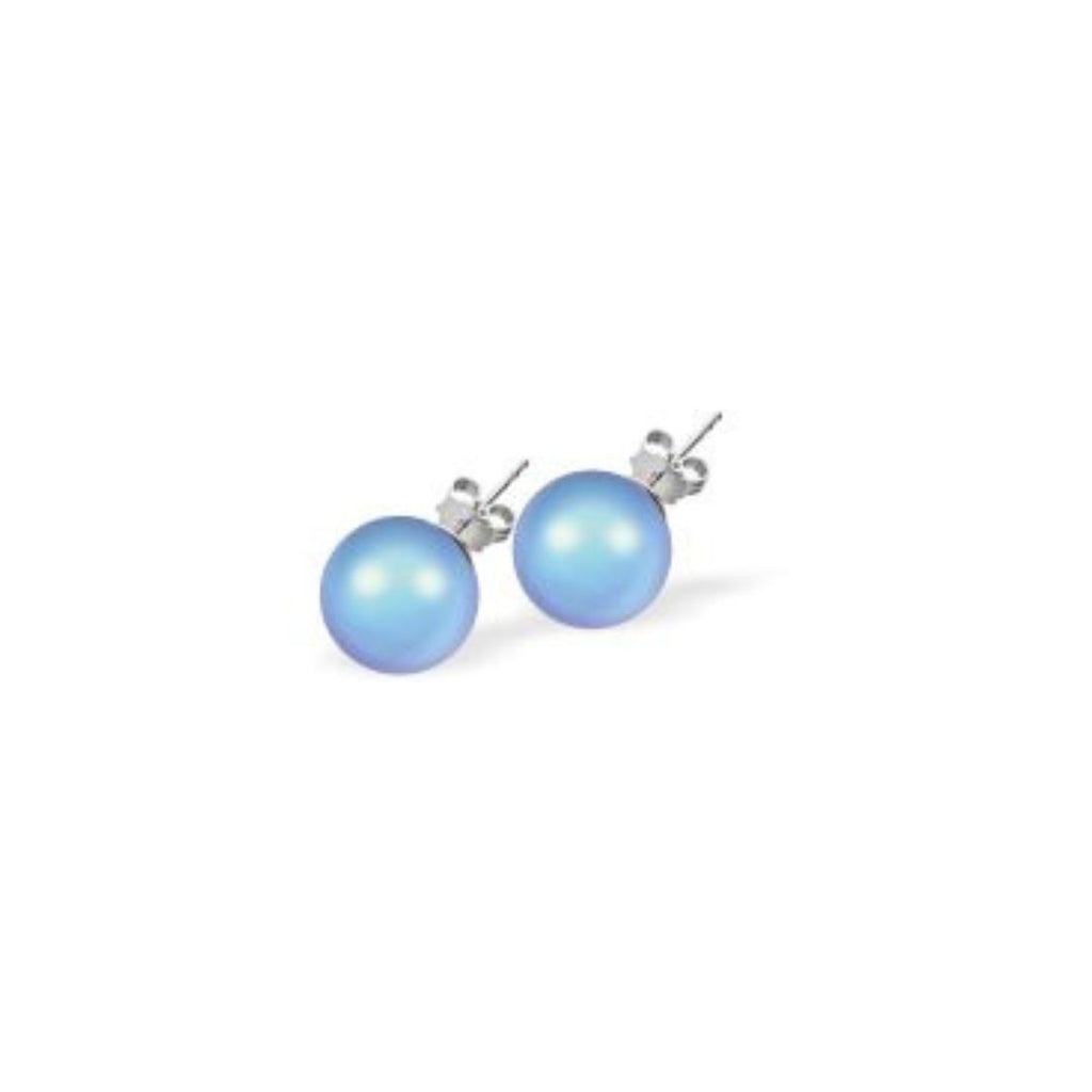 Austrian Crystal Pearl Stud Earrings in Iridescent Light Blue with Sterling Silver Earwires