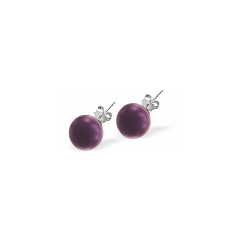 Austrian Crystal Pearl Stud Earrings in Elderberry Purple with Sterling Silver Earwires