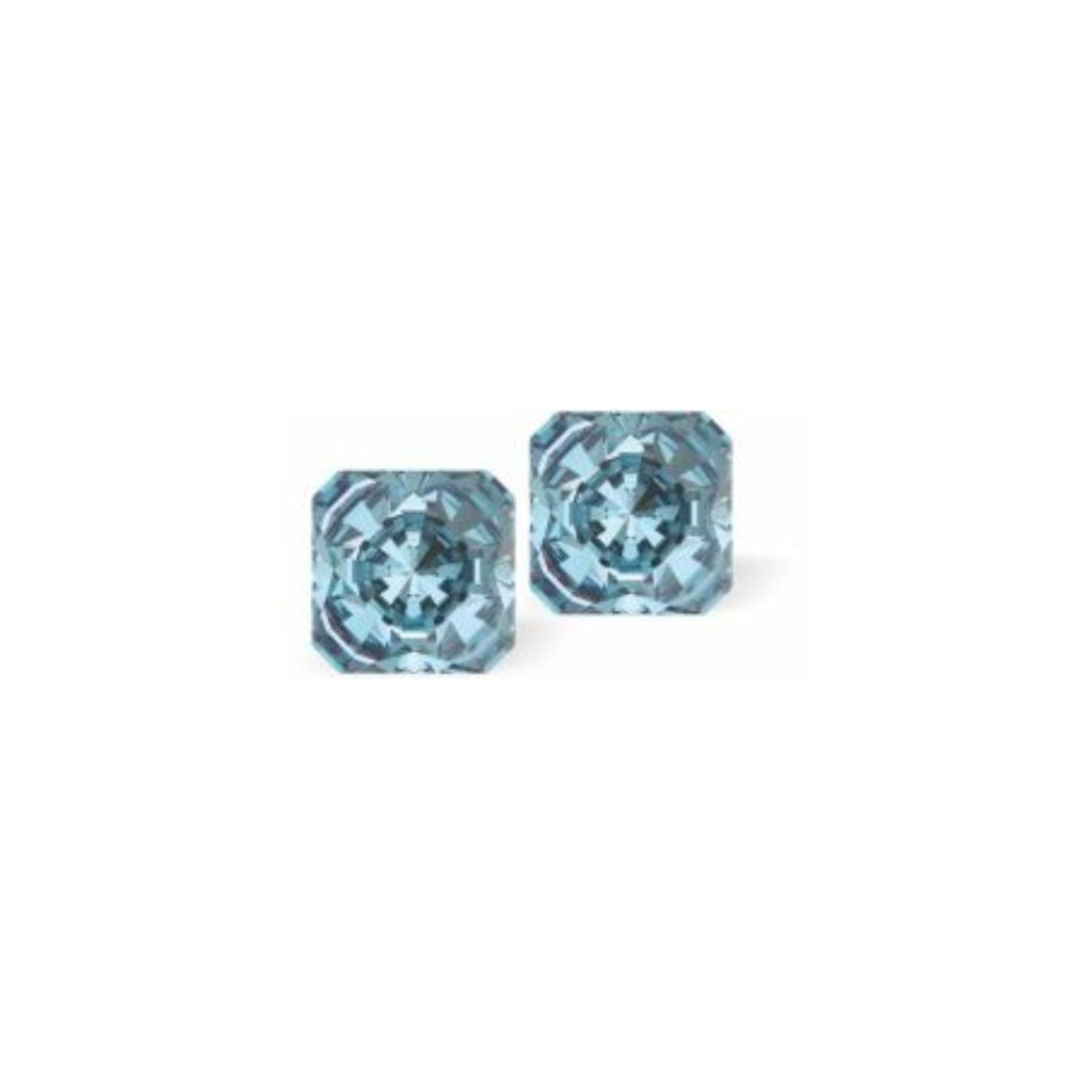 Austrian Crystal Kaleidoscope Square Stud Earrings in Aquamarine, Sterling Silver Earwires