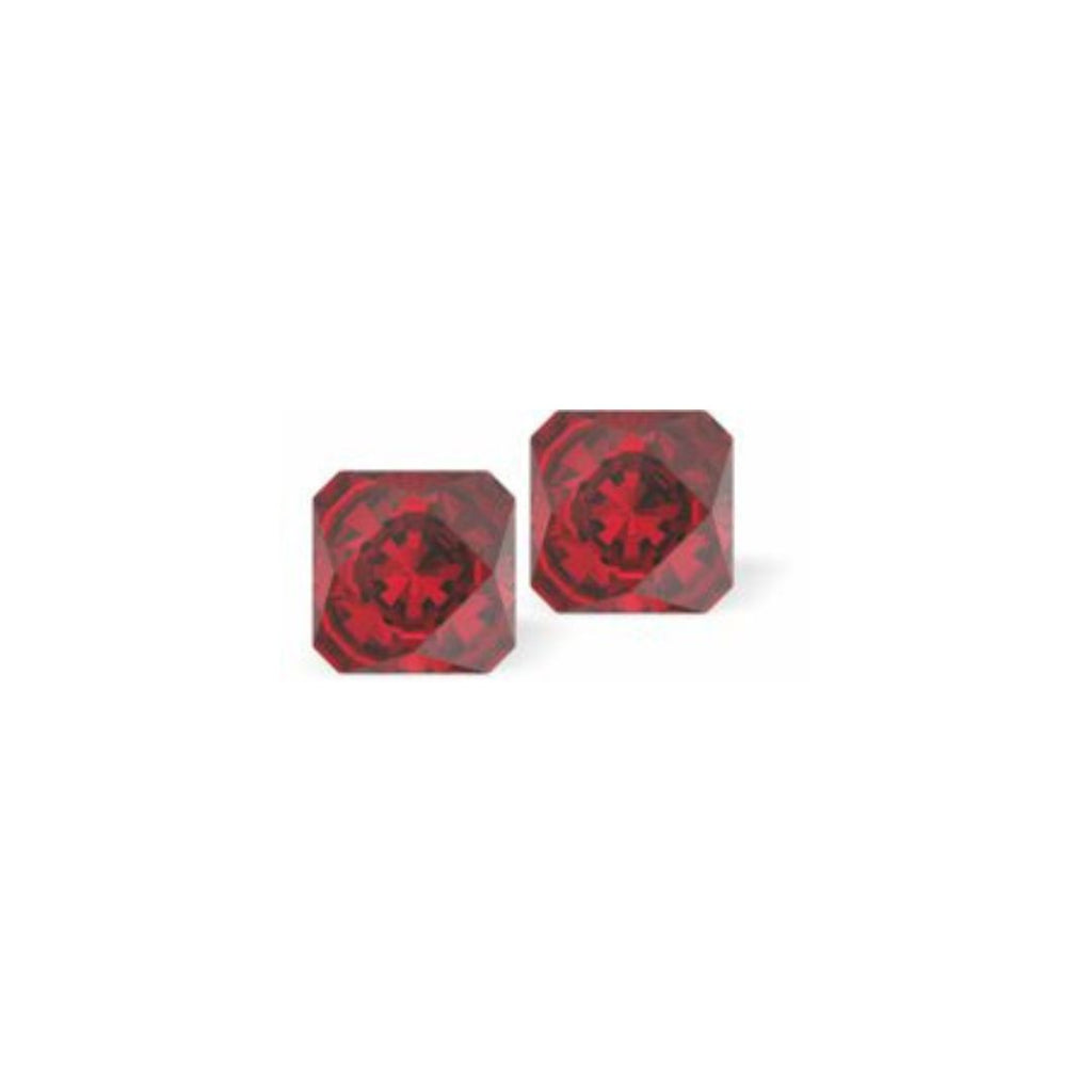 Austrian Crystal Kaleidoscope Square Stud Earrings in Scarlet Red, Sterling Silver Earwires