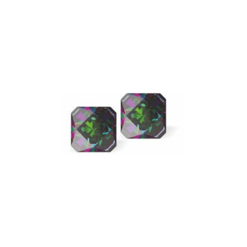 Austrian Crystal Kaleidoscope Square Stud Earrings in Vitrail Medium, Sterling Silver Earwires