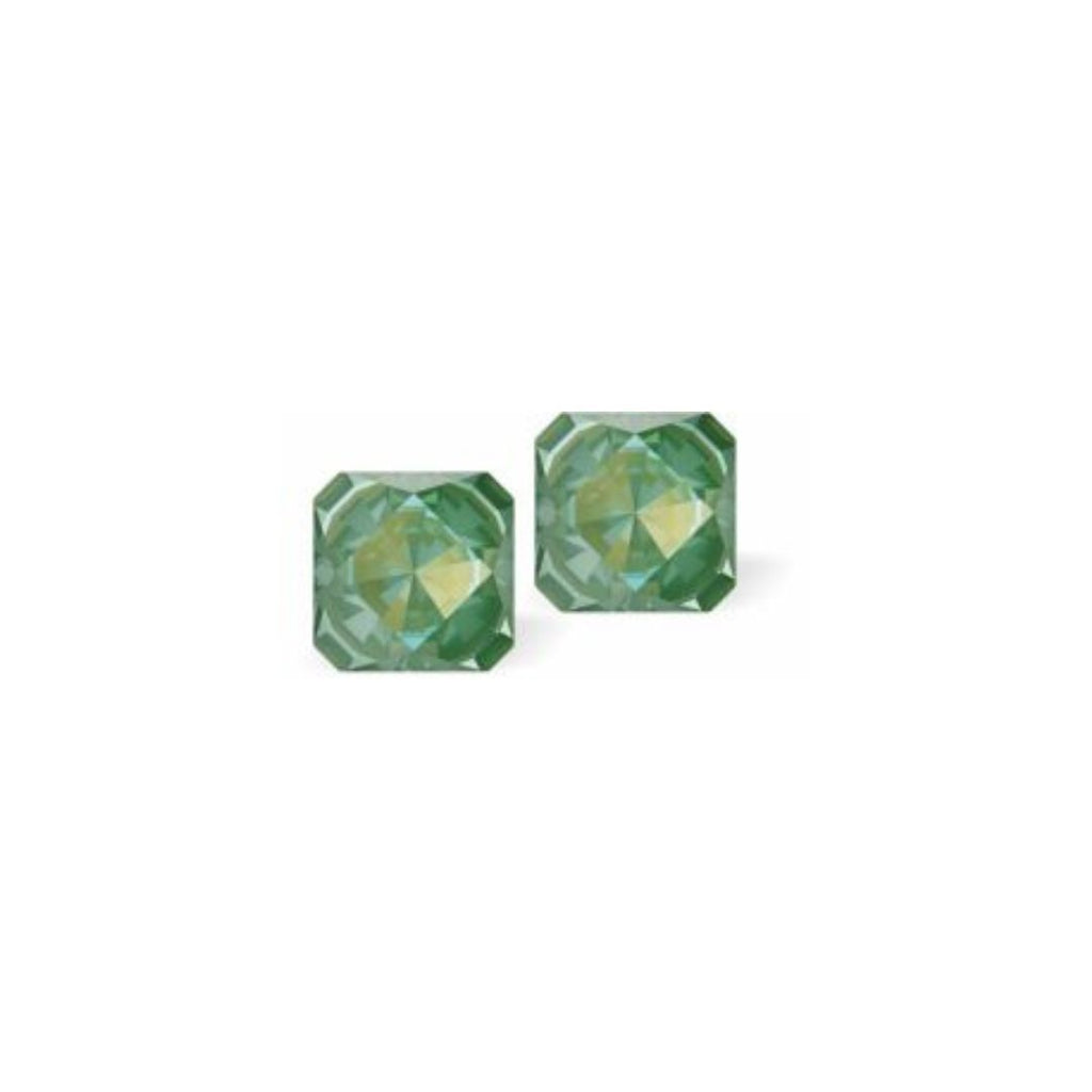 Austrian Crystal Kaleidoscope Square Stud Earrings in Silky Sage Green DeLite, Sterling Silver Earwires