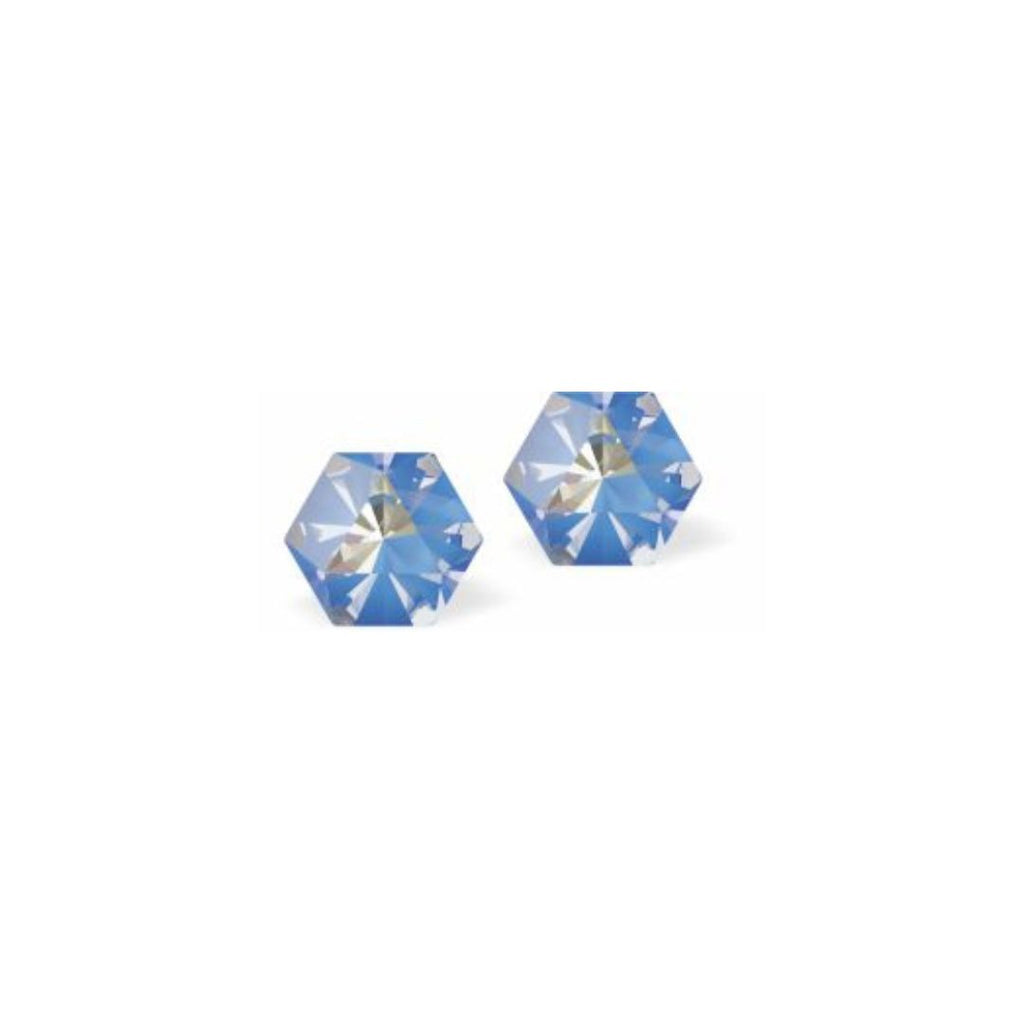 Austrian Crystal Kaleidoscope Hexagon Stud Earrings in Ocean Blue DeLite, Sterling Silver Earwires
