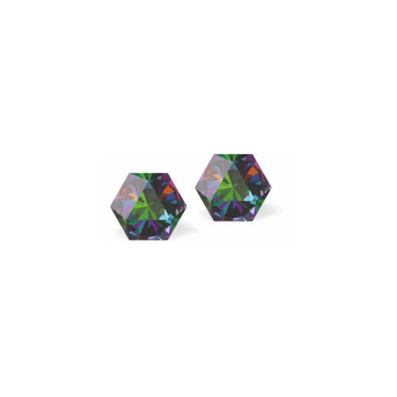 Austrian Crystal Kaleidoscope Hexagon Stud Earrings in Vitrail Medium, Sterling Silver Earwires