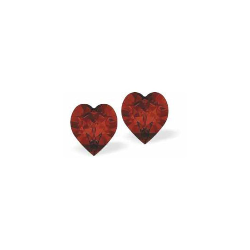 Austrian Crystal Heart Stud Earrings in Red Magma, Available in 2 Sizes with Sterling Silver Earwires