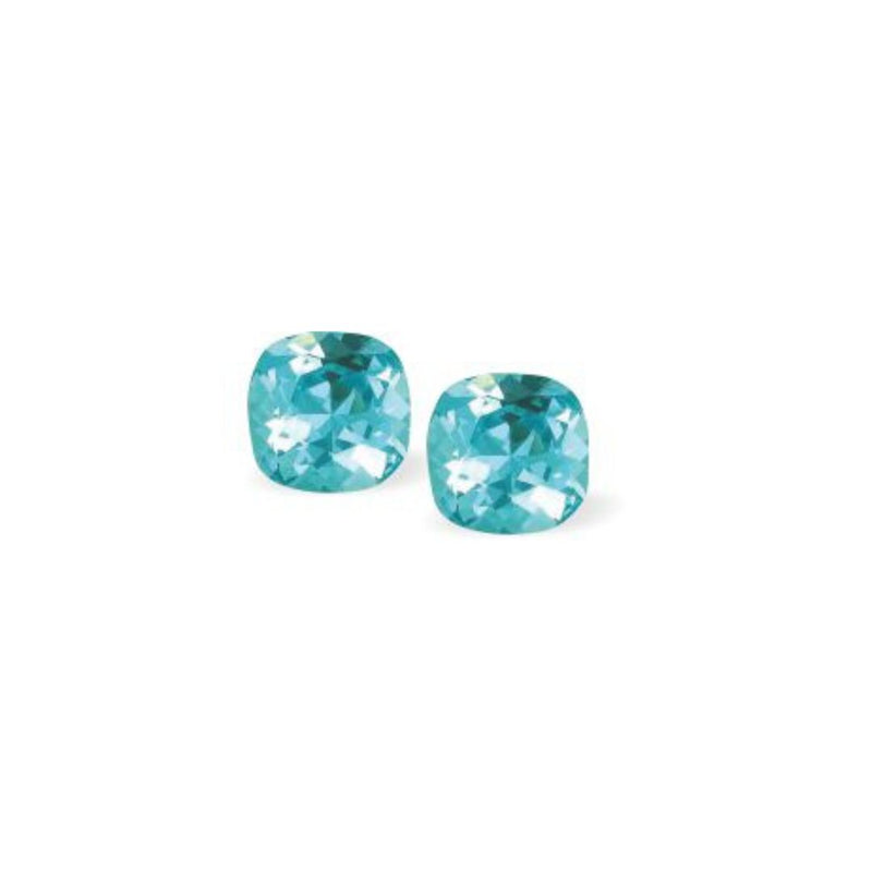 Austrian Crystal Lyrical Square Stud Earrings in Light Turquoise Blue with Sterling Silver Earwires