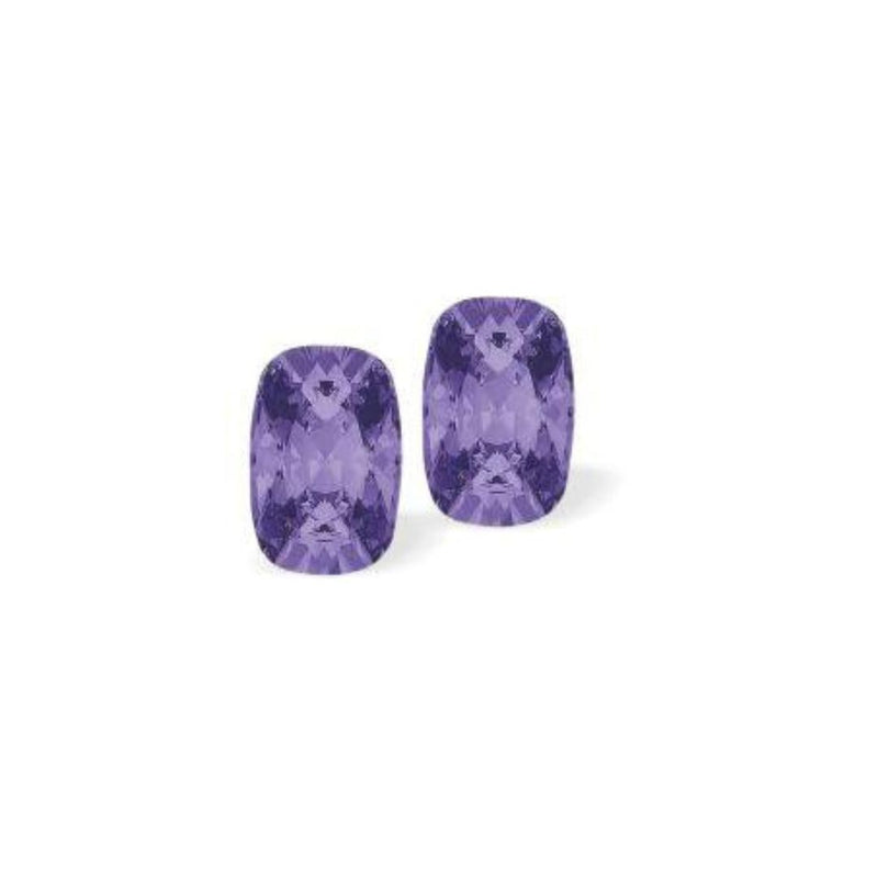 Austrian Crystal Quadrille Rectangular Stud Earrings Multi Faceted Crystal 8mm in size Colour: Tanzanite Purple Sterling Silver Earwires Delivered in a soft, black, velveteen pouch