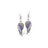 Angel Wing  Drop Earrings in Purple and White, Rhodium Plated