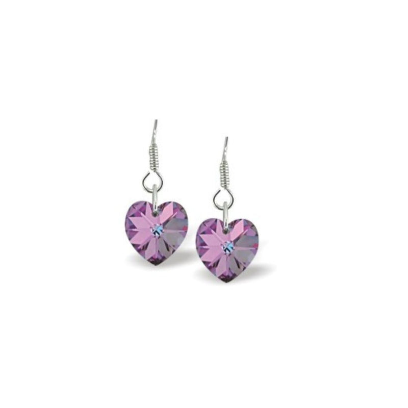Austrian Crystal Heart Drop Earrings in Vitrail Light Pinky/Blue, with Sterling Silver Earwires.