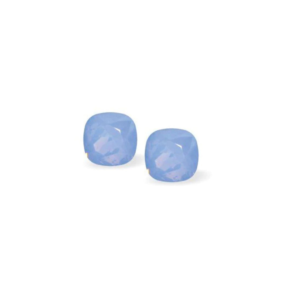 Austrian Crystal Lyrical Square Stud Earrings in Air Blue Opal with Sterling Silver Earwires