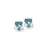 Designer Cute Owl Earrings in Turquoise Bluey/Green and Crystal, Rhodium Plated