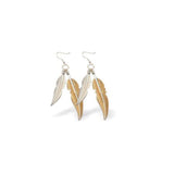 Designer Two Feathers Drop Earrings, gold and silver coloured, Rhodium Plated