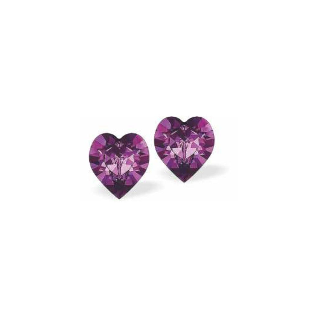Austrian Crystal Heart Stud Earings in Amethyst Purple, in 2 sizes with sterling silver earwires.