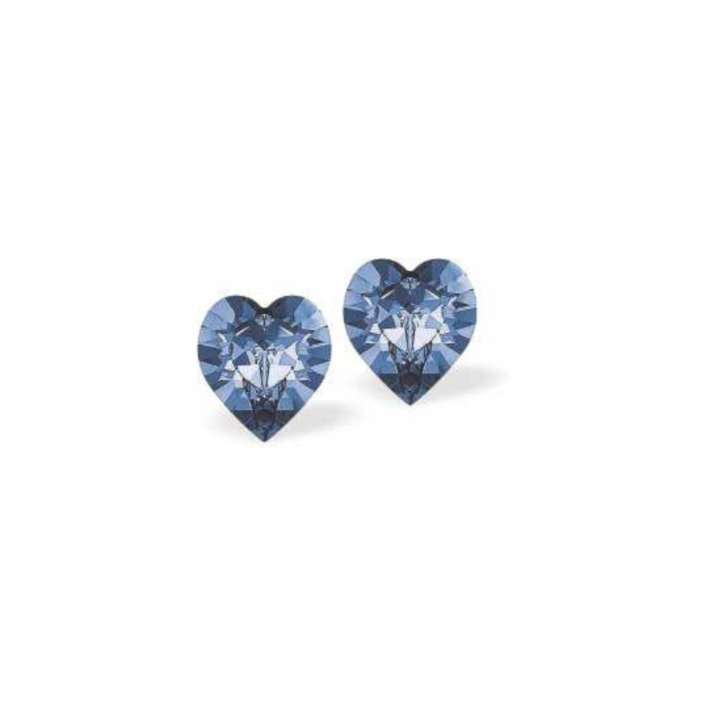 Austrian Crystal Heart Stud  Earings in Montana Blue, Available in 3 Sizes with Sterling Silver Earwires