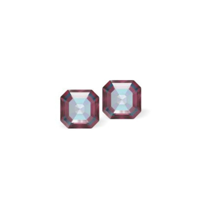 Austrian Crystal Square Imperial Stud Earrings in Delite Burgundy and Blue, Sterling Silver Earwires