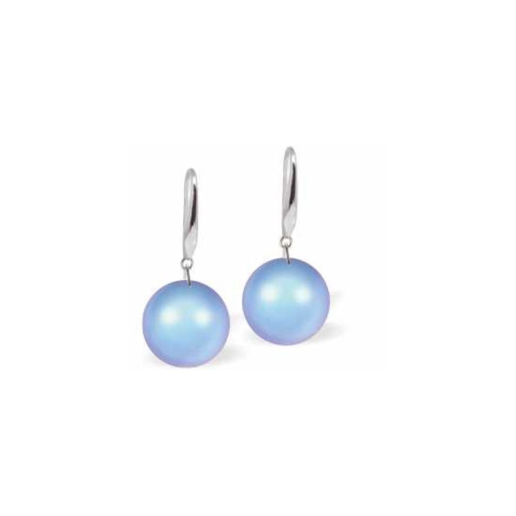 Austrian Crystal Pearl Drop Earrings in Iridescent Light Blue, Rhodium Plated