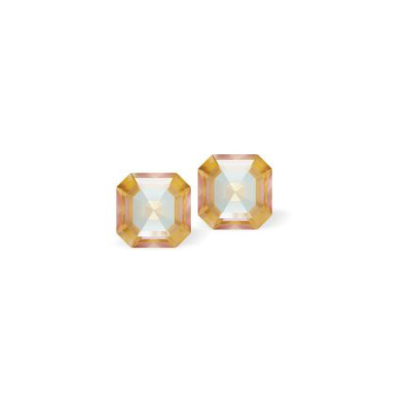Austrian Crystal Square Imperial Stud Earrings in Delite glittery Ochre Tan, Sterling Silver Earwires