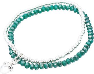 Stretch, Beaded, Slip On Charm Bracelet, Double Stranded With Silver Coloured and Jade Green Beads and Acorn Charm