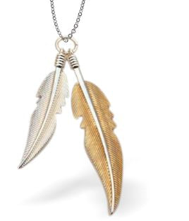 Designer Two Feathers Necklace by Byzantium Rhodium Plated, Hypoallergenic; Lead, Cadmium and Nickel Free 55 mm in size