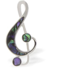 Paua Shell Treble Clef Brooch by Byzantium, 35mm in size, Rhodium Plated