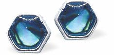 Natural Paua Shell Hexagonal Stud Earrings, Rhodium Plated, 5mm in size