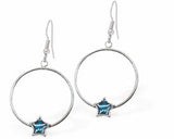 Hoop Drop Earrings with Natural Paua Shell Star, Rhodium Plated, 25mm in size
