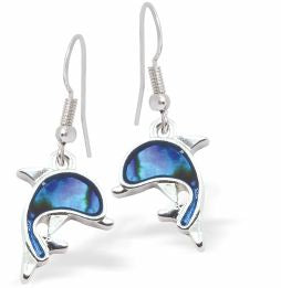 Natural Paua Shell Dolphin Stud Earrings, Rhodium Plated, 12mm in size